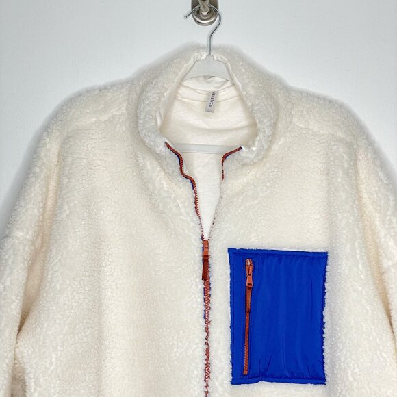Fabletics Rylan Faux Sherpa Jacket 2X Cream Blue Pocket Zip Teddy Fleece Cozy - Picture 2 of 9